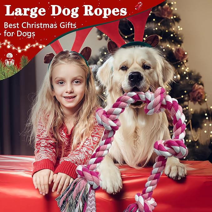 Lmlpt Dog Rope Toy for Large Aggressive Chewers, Heavy Duty Rope Chew Toy Indestructible Tough Tug of War Pink Dog Toys,3 Feet 5 Knots Interactive Cotton Ropes Toys for Large Breeds Teeth Cleaning