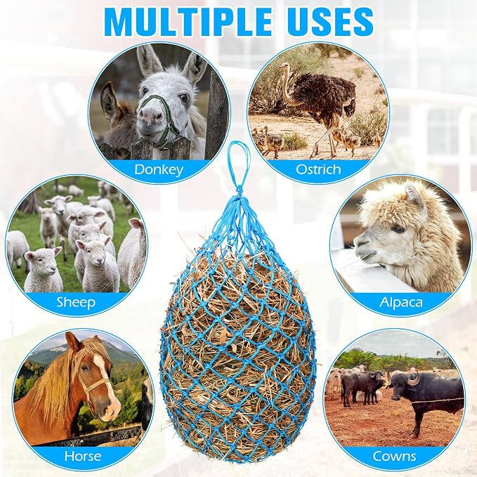 Nuenen 4 Pcs Hay Bags for Horses Goat 40 Inch Oxford Slow Feeder Hay Nets Bag for Horses Sheep Hanging Feeding Supplies Trailer Stable(Sky Blue)