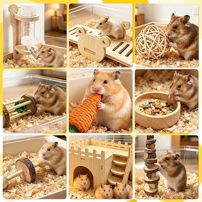 Hamster Cage Accessories, Hamster Toys, Wooden Maze House, Water Bottle with Stand, Feeding Bowl, Suitable for Hamsters, Mice and Other Small Animals Habitats