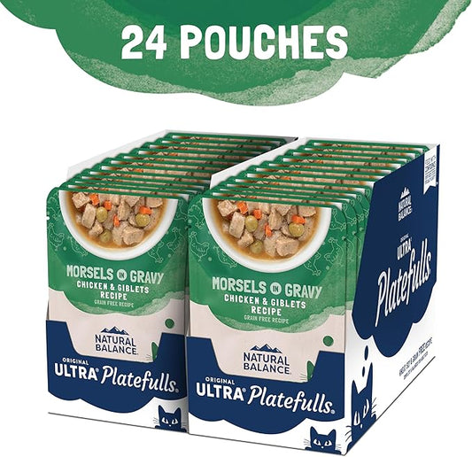 Natural Balance Original Ultra Platefulls Adult Grain Free Wet Cat Food Salmon, Chicken & Giblets Formula in Gravy, 3 Ounce Pouch (Pack of 24)
