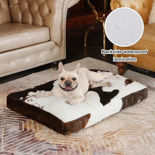 Bedfolks Waterproof Dog Crate Bed,Plush Dog Bed with Removable Washable Cover,Faux Fur Dog Crate Pad for Medium Dogs,Fluffy Dog Kennel Bed 29"x21",Cow Print