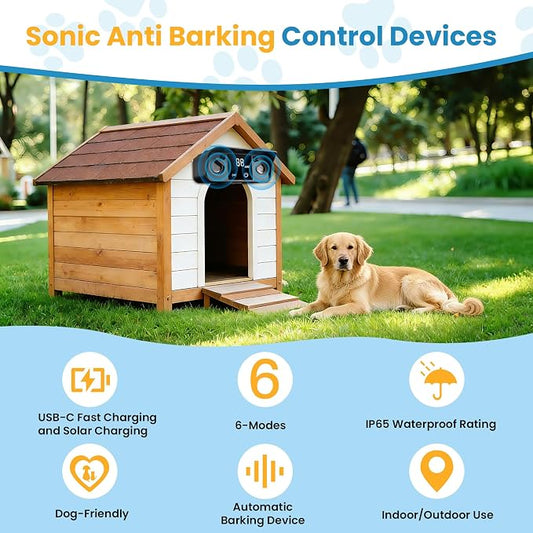 Solar Ultrasonic Dog Bark Deterrent Device, Outdoor Waterproof Anti Barking Device for Dogs with 50ft Range, Sonic Bark Deterrent for Small Medium Large Dogs for Indoor and Outside Use