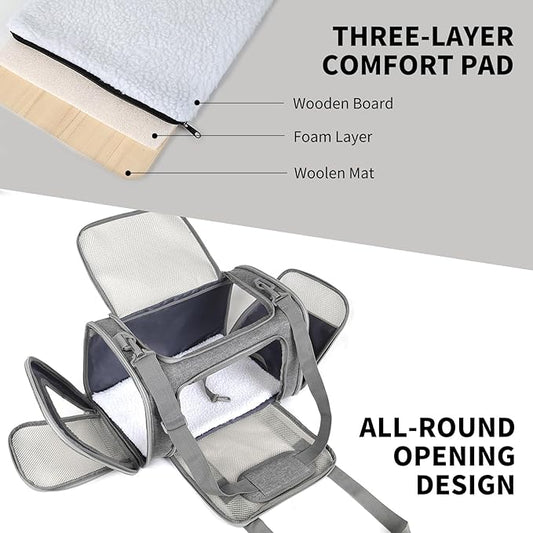 Cat Carrier, Soft-Sided Airline Approved Pet Carrier Case with 4 Ventilated Windows for Cats and Dogs Under 10-25Lbs (17.0 L x 11.0 W x 11.0 H Inch, Grey)