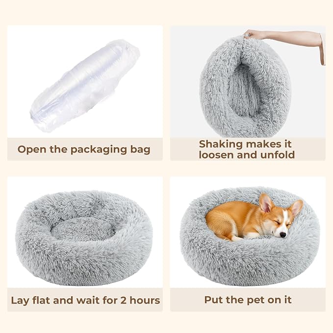 Calming Extra Large Donut Dog Bed, Anti-Anxiety Round Soft Fluffy Plush Faux Fur Washable Anti-Slip Pet Bed for Medium Dogs Up to 45 lbs 32in Gray