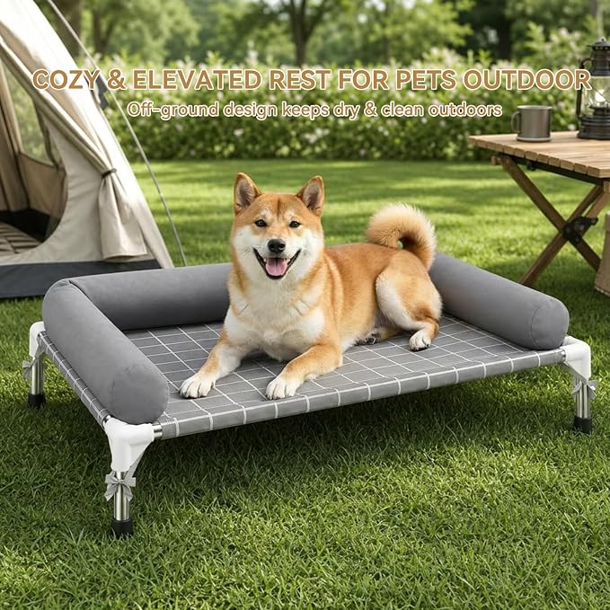 Elevated Dog Bed with 3 Sided Bolster - 32"x26" Raised Pet Cot for Medium Dogs, Stainless Steel Frame Portable Dog Sofa for Indoor, Outdoor, Camping and Patio