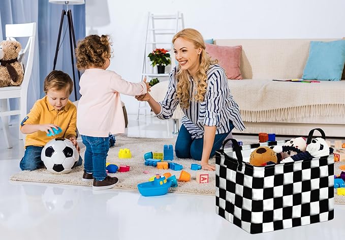 Rectang Checkered Flag Storage Basket Gift Shelf Basket Storage Bin, Nursery Basket Organizer Box for With Handles for Room Deco