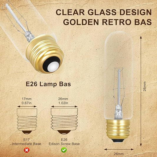 25 Watt T10 Clear Tubular Incandescent Light Bulb, T10 Bulbs,Vintage Style Showcase Bulbs,Showcase lamp,Dimmable for Desk Lamp,Curio Cabinet,Aquarium,Chandeliers,Aquarium Light Bulb(6PACK)