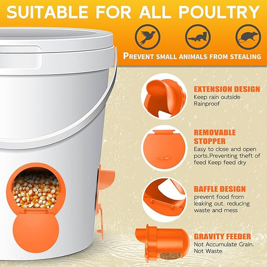 Chicken Feeder Port 8 Pack - No Waste DIY Poultry Feeding Kit with Stopper Lid & Hole Saw, Reusable Rain Proof Automatic Coop Gravity Feeder for Hens Ducks Geese (Orange)