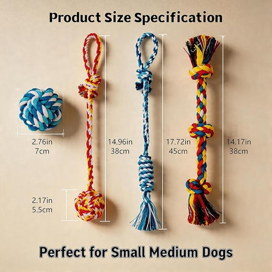 4-Pack Cotton Rope Dog Toys for Small-Medium Breeds, Puppy Teething Chews, Durable Tug-of-War & Fetch Toys for Indoor/Outdoor Play, Aggressive Chewers, Boredom Relief, Teeth Clean