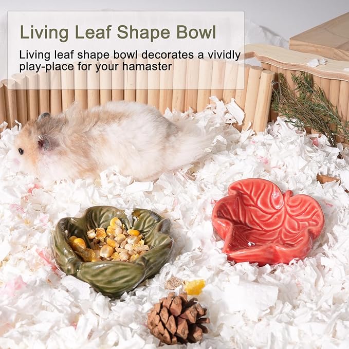 Hamtser Food Bowl,2 Packs Leaf Hamster Bowls,Ceramic Feeding Bowl,Food Dish for Small Animals Gerbil Dwarf Hamster Rat Mice Guinea Pig(Red + Dark Green)