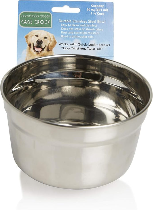 Lixit® Stainless Steel Kennel Food or Water Bowl - Non Spill Hanging Removable Crate Bowls - Carrier Cage Dish for Dogs or Cats for Feeding and Drinking (Stainless Steel, 20 Ounce (Pack of 2))