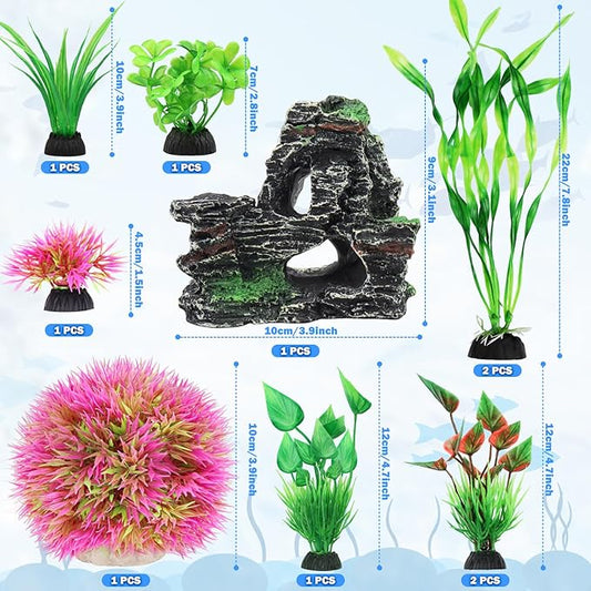 QUOZUO Fish Tank Accessories Aquarium Plants, 10pcs Colorful Fish Bowl Ornaments Plants and Rock Cave Decor Set, Aquarium Decor