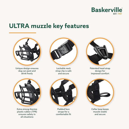 Baskerville ULTRA Muzzle - Patented Humane Design, Breathable, Dog can Pant and Drink, Adjustable, Padded, Dog Training Muzzle for Small Dogs, Prevents Biting, Wildlife Scavenging (Size 2, Black)
