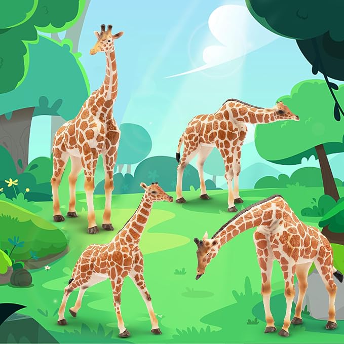 Giraffe Toy Figurines Set, 4PCS Realistic Wild Animals Figures with Giraffe Calf, Plastic Giraffe Cake Topper Birthday Gift Decor for Kids & Toddlers Ages 3+