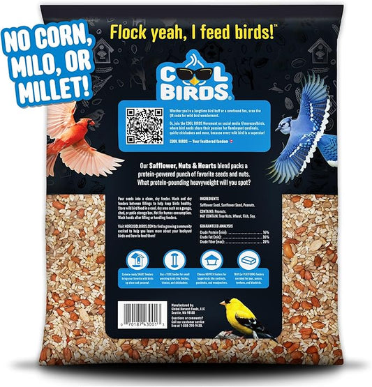 Cool Birds Safflower, Nuts & Hearts Wild Bird Seed – 10 lb. Gourmet Bird Food with Safflower, Sunflower Hearts & Peanuts – No Corn, Milo or Millet, No Waste Bird Food for Outside Feeders