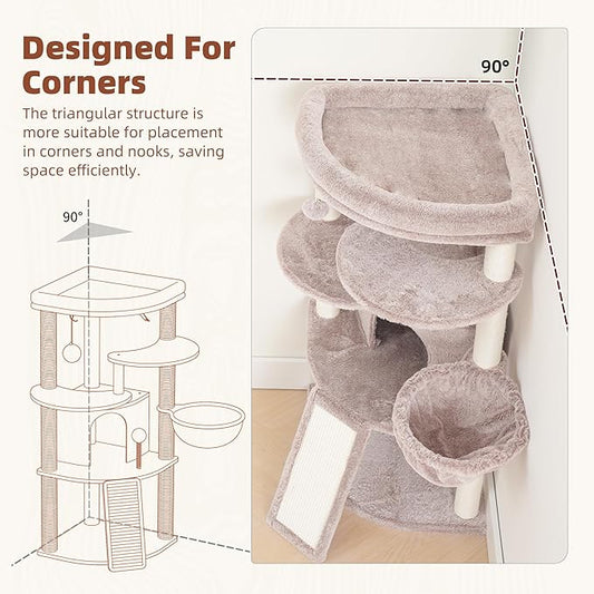 Gitelsnour Corner Cat Tree for Indoor Cats, Cat Tower with All Sisal Scratching Posts, Multi-Level Cat Condo wth Cat Cave, Large Top Perch, Hanging Basket, Sisal Scratching Ramp, Mushroom GCT025MU