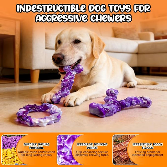 WOWBALA 3 Pack Dog Chew Toys for Aggressive Chewers,Indestructible Dog Toy for Medium Large Dogs, Chew Toys to Keep Dogs Busy,Super Chewer with Tough Nylon, Reduce Boredom & Anxiety(Bacon Flavored)