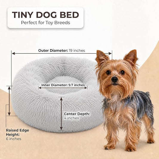 Extra Small Dog Bed Cute Grey Dog Bed Washable 19 inches Donut Fluffy Small Pet Beds,Calming Anti Anxiety Round Fits up to 10 lbs Soft Warm Pets Beds for Puppy Dogs Indoor