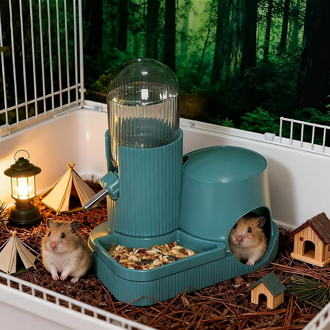 3 in 1 Hamster Water Bottle No Drip Automatic Water Dispenser with Food Bowl Container & Hideout Base Hut for Dwarf Hamster Mouse Rat Gerbils Mice Cage Accessories (Blue)