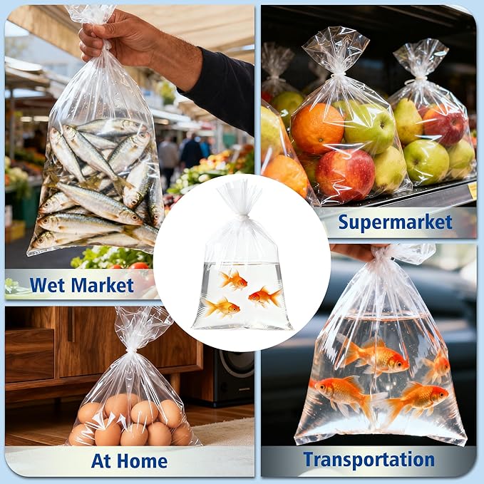 Live Fish Bags,Double Seal, Leak Proof, Heavy Duty for Aquarium Fish Shipping, Transportation, 50 Pack 7.5” x 13”