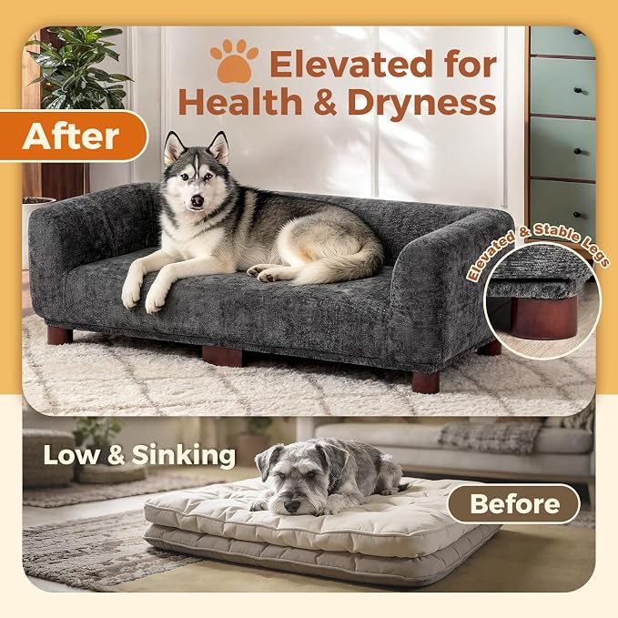 Dog Couch Sofa for Large & Extra Large Dogs, Elevated Pet Bed with Legs, Button Tufted Chenille Dog Couch with Backrest and Armrests, Modern Indoor Dog Furniture (Dark Gray, XL - 47" x 24" x 15")