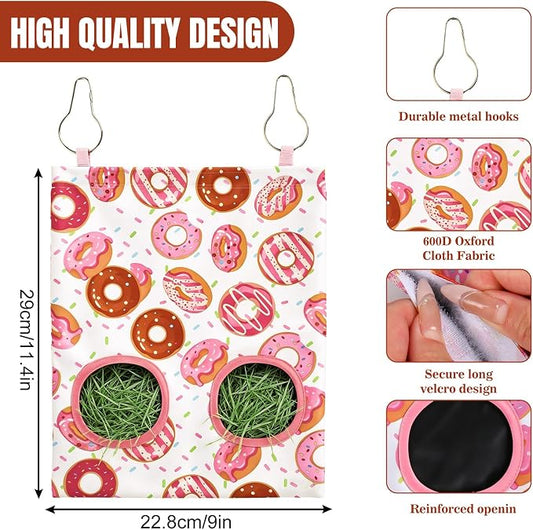 JarThenaAMCS 2Pcs Rabbit Hay Feeder Bag with 2 Holes Donut Guinea Pig Hanging Hay Feeding Bag Storage Dispenser for Chinchilla Hamster Bunny Small Animal Pet