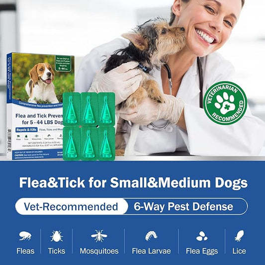 Flea and Tick Prevention for Dogs, 6-Pack, Dog Flea Control, Repellent, Flea and Tick Prevention for Small Medium Dog 5–44 lbs, 24-Hour Protect, Flea Supplements for Dogs, Nutritional Supplements