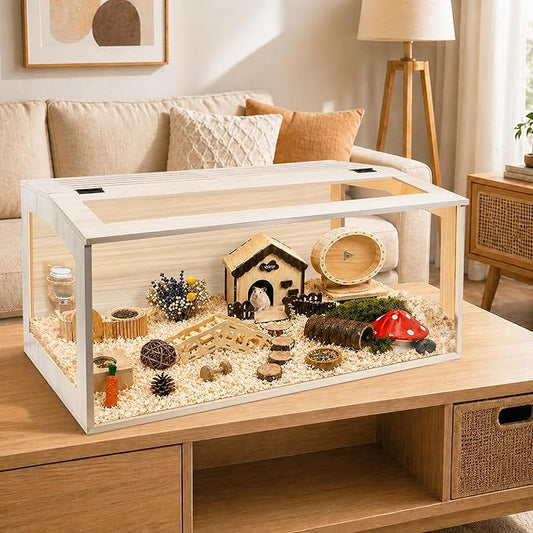 PROLEE Hamster Cage with Chewproof Wood Top, Guinea Pig Cages, Hamster Habitat with Clear Acrylic Sheets Solid Built, Small Animal Cage (Oak, 48X19.5X19.5 inch)