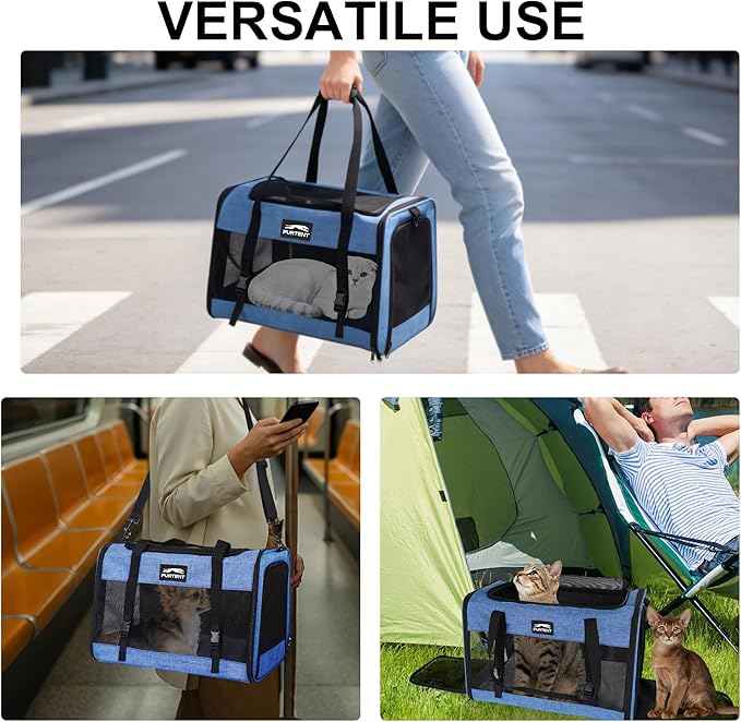 Soft Sided Cat Carrier for Large Cats, Pet Carrier for 2 Cats or Small Dogs Up to 25Lbs, Large Cat Carrier with Shoulder Strap, Cat Car Carrier with Safety Buckle & Cushion, 20x13x13 inches, Blue