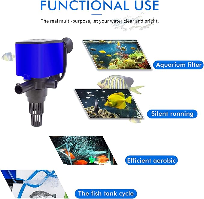 320 GPH Powerhead Submersible Pump - 3 in 1 Aquarium Fish Tank Pump with Oxygenation, Filtration & Water Cycling, 3.9 ft max lift, 20W - 2 Pack