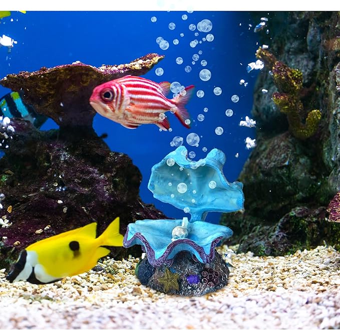 WishLotus Aquarium Decorations - Durable Resin Simulation Pearl Scallop Fish Tank Landscape Decorations - Pneumatic Opening and Closing Bubble Ornaments - Blue