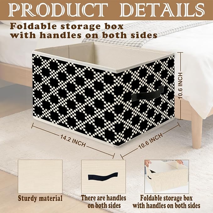 Black and White Plaid Storage Bins, Abstract Mosaic Checkered Foldable Closet Organizers Storage Basket Toybox for Clothes Bed Sheets Blankets Toys