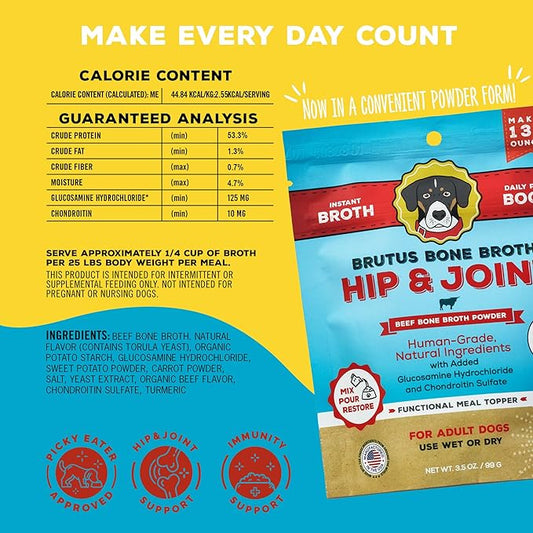Brutus Broth Dog Food Topper - Instant Bone Broth Powder for Adult Dogs - Supports Hip and Joint Function - Human-Grade Quality, Serve Dry or Wet - Beef Flavor, 3.5 oz (Pack of 1)
