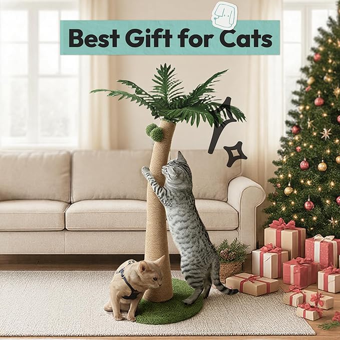 33" Tall Cat Scratching Post, Natural Jute Cat Scratcher for Indoor Cats, Coconut Tree Design with Hanging Toy Ball & Rest Platform, Stable Furniture Protector for Kittens & Adult Cats, L