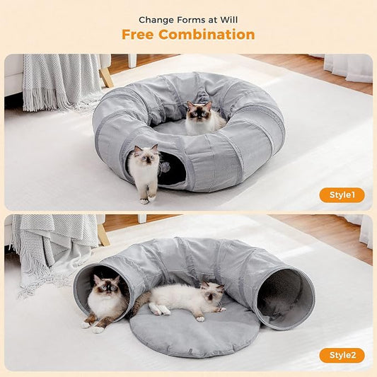 PAWZ Road Donut Cat Tunnel Bed with Center Mat, Peek Hole & Hanging Balls | Large Collapsible Cat Tunnel Donut with Soft Center Mat, Peek Hole, Interactive Hanging Ball, Cat Play Tunnel for Indoor Cats
