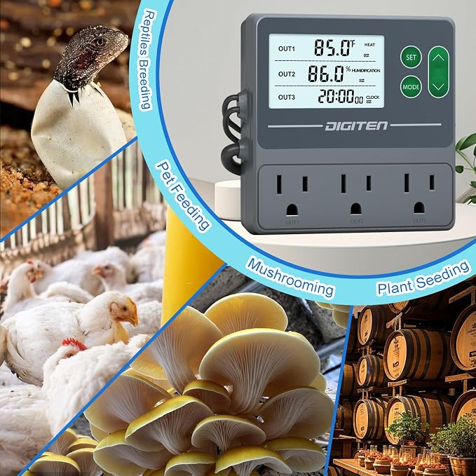 DIGITEN Temperature and Humidity Controller with Timer,3 Outlet Dual Probes | 3-Stage Outlet Control Temp,Humidity & Timer Separately,Digital Thermostat Outlet for Reptile,Aquariums,Mushroom,Greenhouse