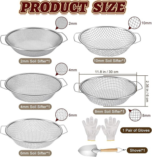 5PCS Soil Sifter, Gardening Soil Sifter with Handle Rock Compost Sifting Screen for 5 Gallon Buckets Garden Metal Sieve Strainer with Shovel 2,4,6,8,10mm Mesh Sizes Remove Stone Fine Gravel Sand Dirt