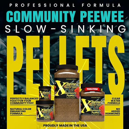 Xtreme Community Peewee 1.5mm Pellets: Slow Sinking & Ideal for Community Fish - Boosts Immune & Digestive Health, Enhances Color & Energy, Max Protein Fish Food – USA Farm Grown (20oz)