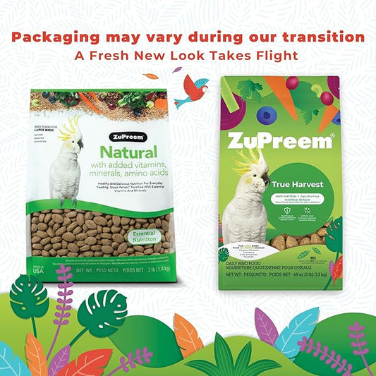 ZuPreem True Harvest Bird Food, Daily Bird Feed Pellets for Amazons, Cockatoos & Macaws, ZuPreem Core Nutrition, Made in USA, Added Vitamins, Cockatoo Food, Macaw Feed, (Large, 3 lb Bag)