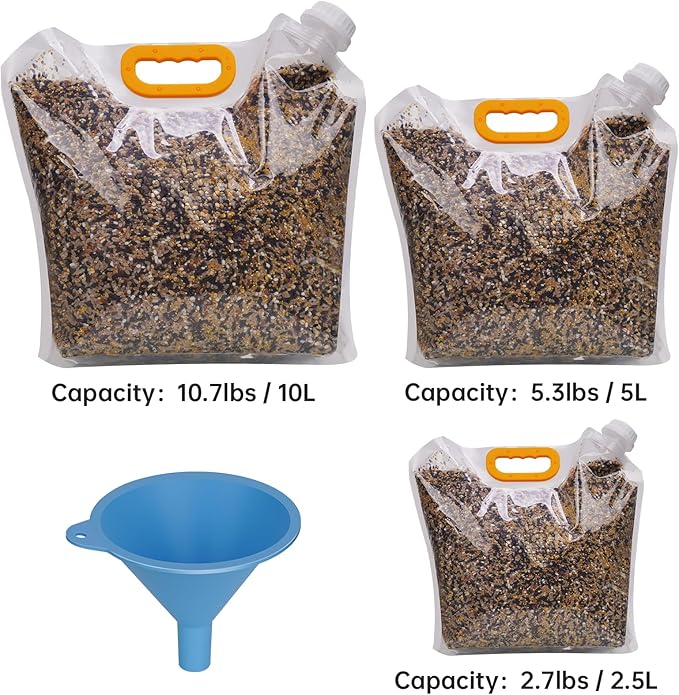 NiHome 3-Pack Bird Food Storage Bags for Birdseed, Sunflower Seeds, Nuts, Thistle Seeds, Pet Food, 10L/5L/2.5L Multi-Size Set with Funnel, Portable Handle and Easy-Pour Spout for Indoor & Outdoor Use