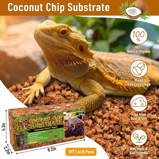 Riare 8 Pack Natural Coconut Chip Substrate for Reptiles- Compressed Coconut Husk Reptiles Bedding, Coco Husk Chip Terrarium Substrate for Snakes, Tortoises, Ball Python, Frogs, Bearded Dragon, Lizard