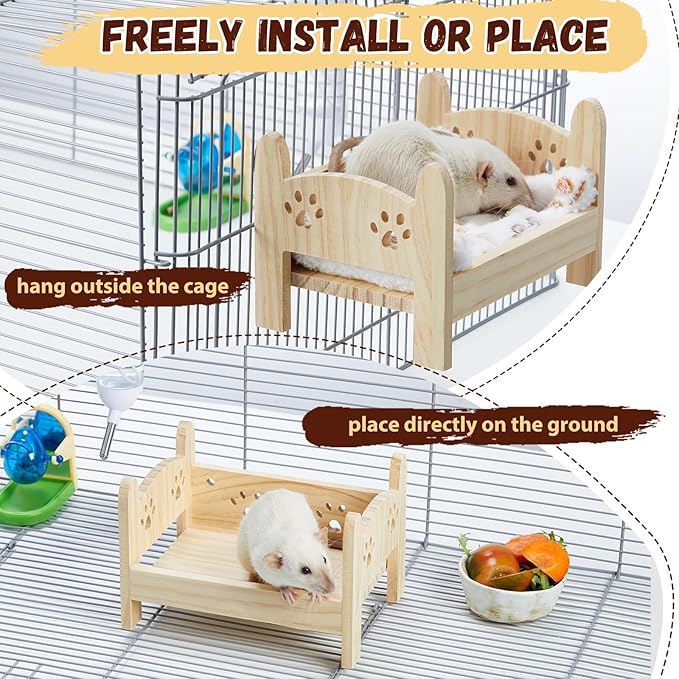 Wooden Rat Bed, Rat Hammock for Cage Chew Proof, Pet Rats Cage Accessories Hanging Bed, Safe and Cozy Rodent Hammock with Removable Nest Mat for Small Animal Hamsters Mice Sleeping