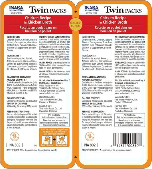 INABA Twin Packs for Cats, Side Dish/Topper Pouch, 1.4 Ounces per Serving, 16 Servings, Chicken Recipe in Chicken Broth (Pack of 2)