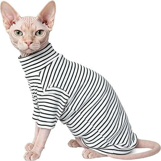 Sphynx Cat Clothes Shirts for Hairless Cat,Classic Striped Kitten Apparel Clothes for Cats Only,Soft Sphinx T-Shirts Sweatshirt with Sleeves for Cornish Rex, Devon Rex,Black,L