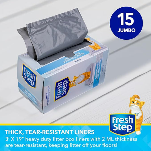 Fresh Step Jumbo Drawstring Cat Litter Box Liners, Unscented Heavy Duty Kitty Litter Bags for X-Large Oval or Rectangle Pans, Helps Contain Mess, Easy Lift Out Cleanup, 36 x 19 in, 15 Count