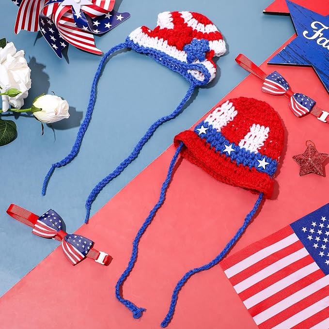Ganeen 4 Pcs Independence Day Cat Costume 250 Anniversary 4th of July Pet Hat Headband American Flag Bow Tie Dog Cap USA 1776-2026 American Day Small Animal Top Hats Bowtie Collar Costume for Animal