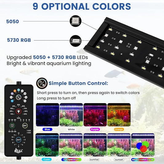 AQQA Full Spectrum Aquarium Plant Light LED Fish Tank Light IP68 Waterproof with 24/7 Natural Mode & DIY RGBW Mode, 9 Colors & 10-Level Brightness Adjustable, 6 Timer Settings for 40"-48" Tank (36W)