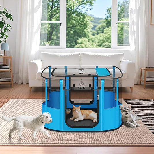 Portable Pet Playpen with Waterproof pad,Collapsible Crates Kennel Playpen for Dog cat and Rabbit &Travel playpen Outdoor or Indoor (Large(35.4" L x 27.6" W x 23.6" H), Clear Blue)