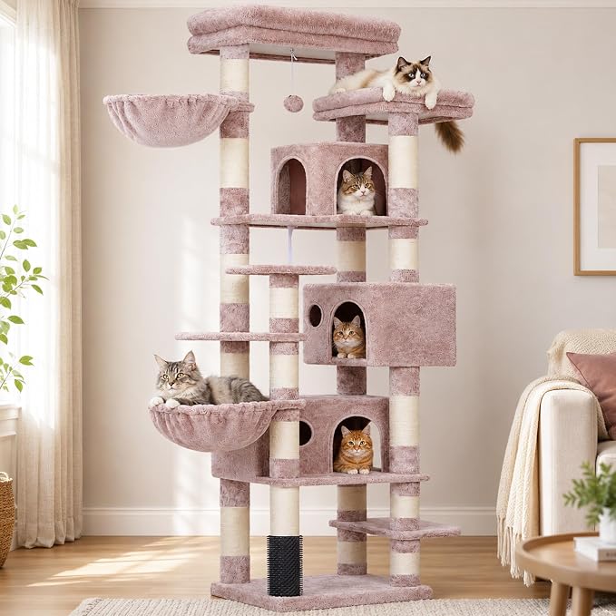 Hey-brother Cat Tree, 74 inches Multi-Level XL Large Cat Tower for Indoor Cats with Three Cat Condos, Two Large Top Decks and Cat Hairbrushfor Kittens, Cats and Pets,Muchroom MPJ035-MMU