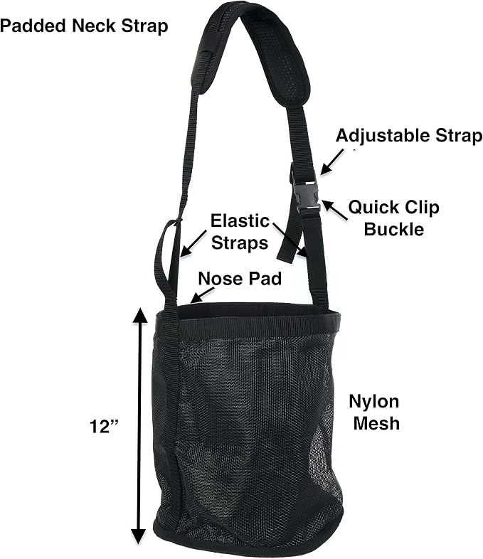 Majestic Ally Horse Feed Bag, Heavy Duty Nylon Mesh Grain Feed Bag, Adjustable Strap with Durable Snap and Elastic Straps, Comfort Neck Pad and Nose Pad- Large (Draft, Black)
